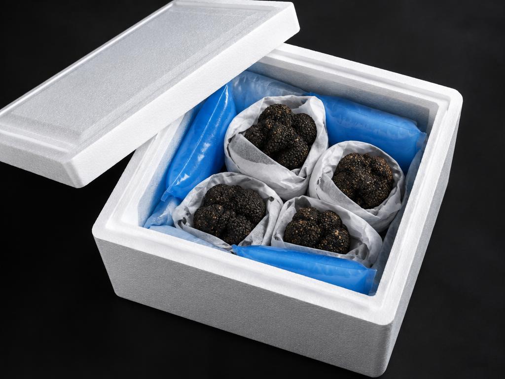 Isothermal shipping box with ice packs and wrapped truffles