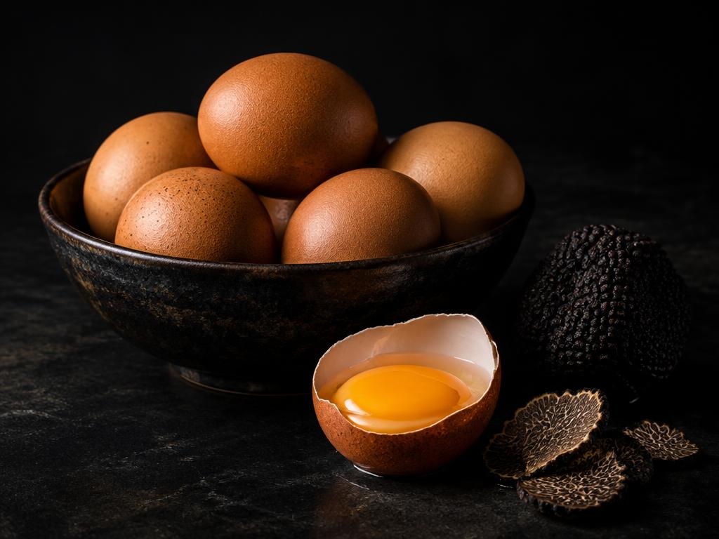 Free-range eggs with a cracked golden yolk beside fresh black truffle